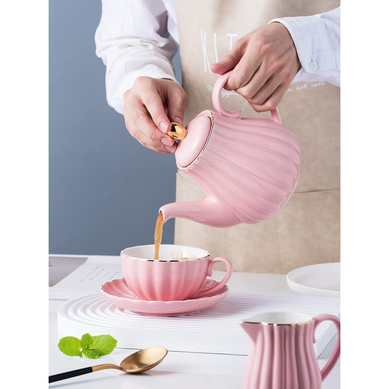 Jusalpha Pink Porcelain Teapot with Removable Stainless Steel Infuser, Blooming
