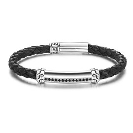 Carleen Freedom 925 Sterling Silver Genuine Mens Leather Bracelet Valentines Day Gifts Black Spinel Braided Rope Energy Charm Push Button Locking STAINLESS STEEL Clasp, 7.5" Black