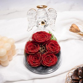Yamonic Gifts for Mum, Eternal Rose in Glass Angel Figure, Gifts for Women Christmas, Eternal Flower in Angel Glass Dome, Birthday Gift for Women, Mother Grandma Gift, 5 Infinity Roses