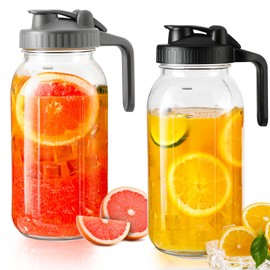 Glass Pitcher with Lid 64oz,Half Gallon Mason Jar Pitcher - 2 Quart Pitcher with Lid and Spout,Ice Tea Pitcher for Fridge,Glass Water Jug Juice Pitcher 64 oz Container[2 Pack]