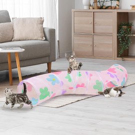 Hedgeink Cat Tunnel S-Shape Peekaboo Cat Cave with Toys Tunnels for Indoor Cats Foldable Rabbit Play Tubes for Guinea Pig, Ferret, Hamster Puppy, Bunny, Kitten, Apricot flowers