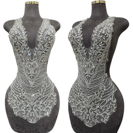 Handmade Rhinestones Large Bodice Applique Glass Stones Beads Bright Crystal Lace Patches Accessories for Weding Dress Decorations (Silver)