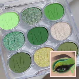 Green Eyeshadow Palette, Shimmer Matte Eye Shadow, Highly Pigmented Matte Shimmering Cool Make-Up Palettes, 9 Colour Waterproof, Longlasting Party Makeup, Eye Shadow Pallets for Women