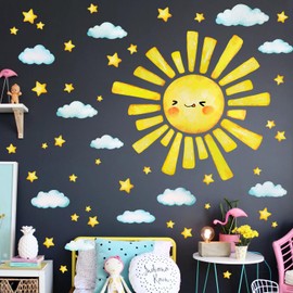 Cartoon Sun and Stars Wall Decals - 6 Pack 12x12 Inch Watercolor Smile Sun Peel & Stick Wall Stickers with Clouds, DIY Removable Boho Wall Art for Kids Room, Nursery, Classroom Decor Decoration