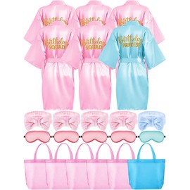 Sintuff 24 Pcs Kids Spa Party Supplies for Girls 6 Spa Party Robes 6 Tote Bags 6 Headbands 6 Spa Masks (Size 8,Sky Blue Birthday)