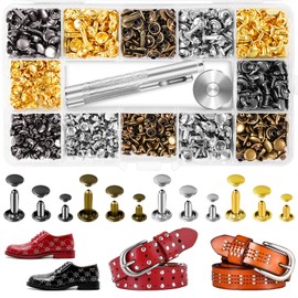 240 Sets Leather Rivets Kit, Double Cap Brass Rivets Leather Studs with 3PCS Setting Tools for Leather Repair and Crafts, 4 Colors and 3 Sizes