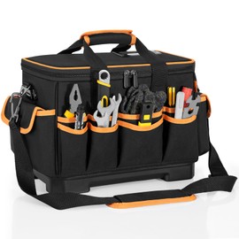 16 Inch Tool Bag with Waterproof Hard Bottom, Large Multi-Pockets Tool Tote Box Organizer Heavy Duty Storage Case
