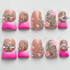 Luxury Press on Nails Short Duck Handmade 3D Unique Reusable ABS Material Fake Nails Pink French Tip False Nails with Designs Flower Bow Stars Rhinestones Glossy Glue on Nail Thick Acrylic Nail(M)