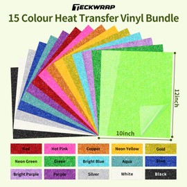 TECKWRAP Glitter Heat Transfer Vinyl 15 Sheets HTV Vinyl Bundle 12''x10'' Iron on Vinyl for T-Shirts, Clothes, Hats, Bags