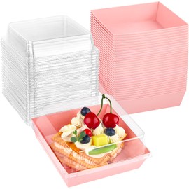 Kucoele 50 Pack Small Charcuterie Boxes with Clear Lids, To Go Paper Dessert Boxes Bakery Boxes, 5 Inches Disposable Food Containers for Cookies, Cupcakes, Slice Cakes, Strawberries (Pink)