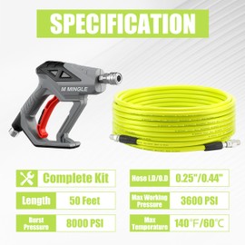 M MINGLE Sewer Jetter Kit for Pressure Washer 50 FT, Drain Cleaner Hose with Power Washer Gun, 1/4 Inch NPT Corner Rotating and Button Nose Sewer Jetting Nozzle, Orifice 4.0, 4.5