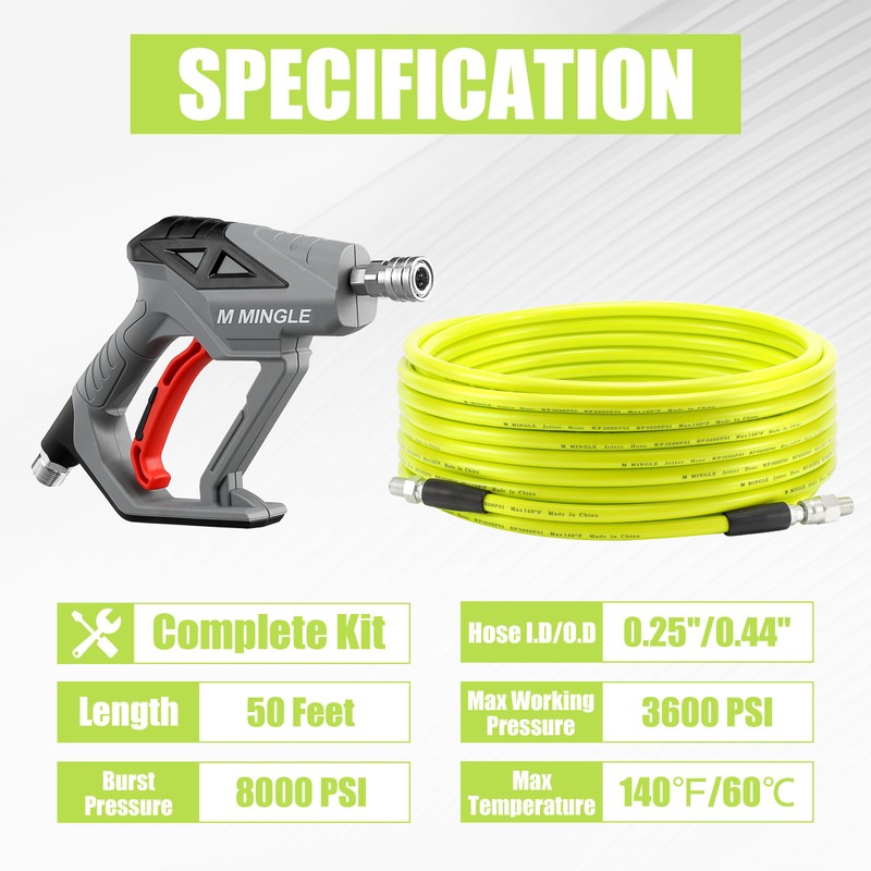 M MINGLE Sewer Jetter Kit for Pressure Washer 50 FT,