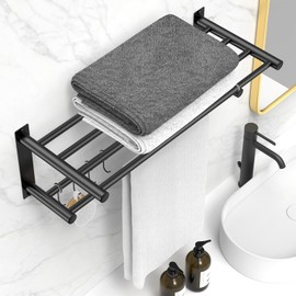 CAXIMSY Adjustable Towel Bar for Bathroom Wall Mount17-30.7inch Adhesive Shower Towel Rack Stainless Steel Bath Towel Holders for Toilet Kitchen Double Towel Hanger (Black Mobile Hook Towel Rack)