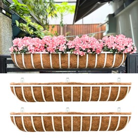 LaLaGreen Deck Railing Planter Boxes (2 Pack, 48 Inch) White Metal Rectangular Window Flower Box with Coco Liner, Wall Hanging Planters for Outdoor Plants Rail Fence Balcony Patio Porch Garden Decor