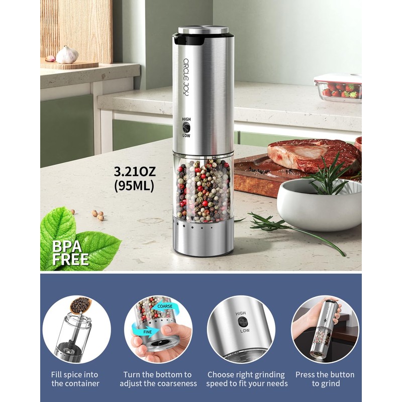 CIRCLE JOY Electric Pepper Grinder Stainless Steel Rechargeable Pepper Mill