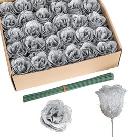 Rzoukler Glitter Roses Bouquet,30PCS Silver Roses Fake Roses Artificial Flowers for Wedding Bouquet Party Christmas Home Decor(Silver)