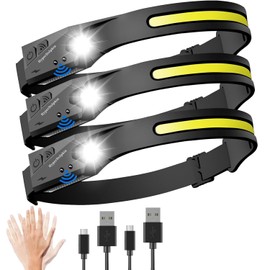 (3-Pack) Headlamp Rechargeable, LED Waterproof Headlight for Adults, 230° Headband Light Forehead, Motion Sensor, USB Head lamp Band, 350 Lumen Super Bright, 5 Modes, Comfortable for Running,Fishing