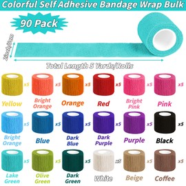 90 Pack Colorful Self Adhesive Bandage Wrap Bulk 2 Inch x 5 Yards Cohesive Bandage,Vet Wrap Breathable Elastic Self-Adherent Tape for Stretch Athletic Sports Wrist Ankle Dogs Pet Vet Wrap 18 Colors