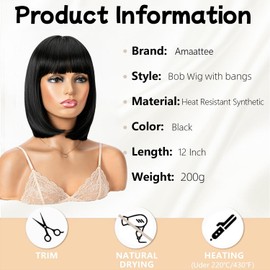 Amaattee Black Bob Wig with Bangs 12 Inch Short Straight Black Bob Wig Bangs Heat Resistant Synthetic Bob Wigs for Women