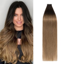 Tape in Hair Extensions Real Human Hair 20pcs 40g 100% Remy Hair Extensions of Balayage Dark Brown to Light Brown Seamless Straight Tape in Hair Extension Double Sided of 12 inch