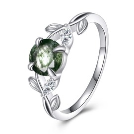 VONALA Natural Moss Agate Ring 925 Sterling Silver Green Moss Agate Leaves Engagement Ring Wedding Promise Ring Jewelry for Women, Sterling Silver, moss agate