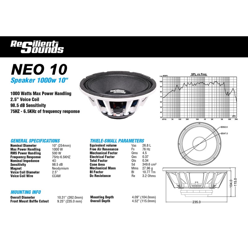 Resilient Sounds NEO 10 500w rms 4ohm 10" Speaker