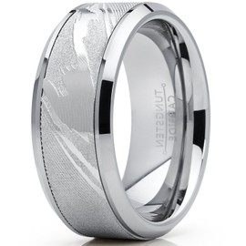 Men's Tungsten Carbide Wedding Band Ring, Inlaid Simulated Damascus Pattern 9mm 7