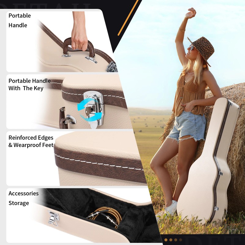 efunmodern 39" Classical Guitar Hard Case Microgroove Flat Beige Portable