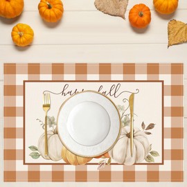 Bonhause Orange Pumpkins Leaves Fall Placemats Set of 4, Autumn Plaid Table Mats 30x45cm Washable Seasonal Thanksgiving Kitchen Dining Table Decoration For Indoor/Outdoor Home Party Decor