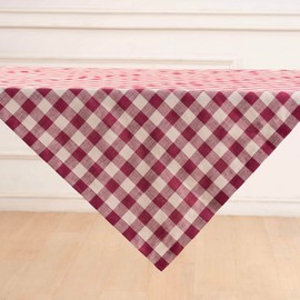Solino Home Linen Tablecloth 52 x 52 Inch - 100% Pure Linen Beet and Cream Square Table Throw - Morgan Check, Machine Washable Fabric Table Cloth for Spring, Mothers Day, Memorial Day