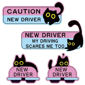 4pcs New Driver Car Magnet Set - Black Cat Design, Reflective Magnetic Signs for Student Drivers, Reusable and Waterproof, Easy to Apply