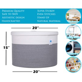 20" x 20" x 15" Extra Large Storage Basket with Lid, Cotton Rope Storage Baskets, Laundry Hamper, Toy Bin, for Toys Blankets Pillows Storage in Living Room Baby Nursery, Large Basket Grey with Cover