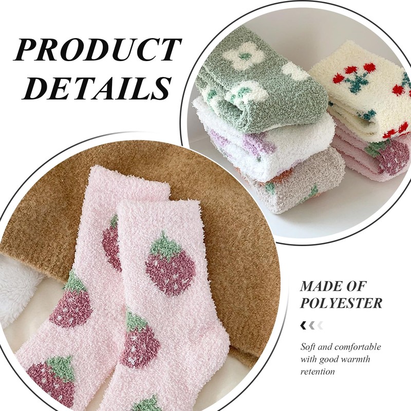5 Pieces Of Fruit Print Socks, Coral Fleece Socks, Warm