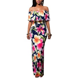 Suimiki Vintage Ruffle Plain Floral Printed Off Shoulder Bodycon Long Party Maxi Dress Blue XXX-Large