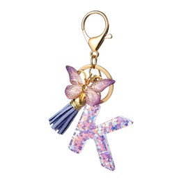 ORUZA Alphabet Initial Letter Keychain, Purple Initial Letter Keyring with Butterfly Tassel Pendant Resin Letter Key Ring for Women Wallet Purses Letter K