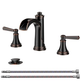 FORIOUS Oil Rubbed Bronze Bathroom Faucet 3 Hole or 8 Inch Widespread Tap, 2 Handle Brass Waterfall Faucet for Bathroom Sink 3 Hole with Mteal Pop-up Drain and CUPC Supply Line, for 6-12” ORB Vanity