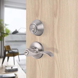 Gobrico Keyed Alike Entry Door Lock Set Handle and Double Deadbolt, Satin Nickel Finished