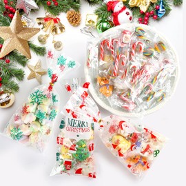Kesote 100pcs Christmas Cellophane Bags Xmas Gift Bags Sweet Bags Clear Cellophane with 100pcs Twist Tie for Christmas Supplies Christmas Party Decorations