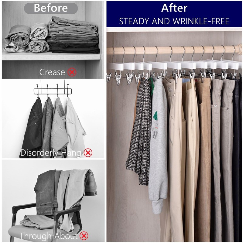 Amber Home 10 Pack White Wooden Pants Hangers with 2-Adjustable