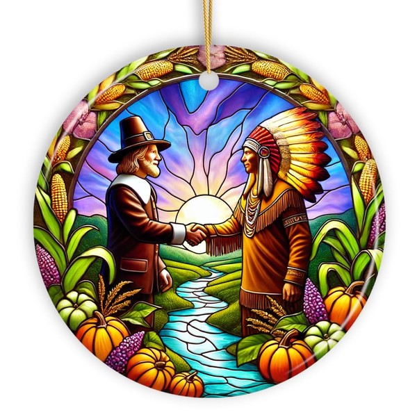 Pilgrim and Native American Chief Harmonious Unity Ornament, Vibrant Harvest