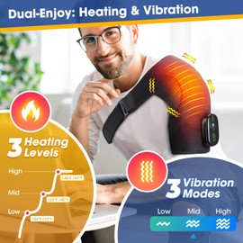 Cordless Heated Shoulder Wrap Massager, Rechargeable Electric Heating Pad for Shoulder Neck with 3 Heat & Vibration Modes, Men & Women (Black)