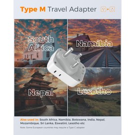 TESSAN South Africa Plug Adapter, Type M Adapter for South Africa with 4 Outlets 3 USB (2 USB-C), Type M Adaptor for US to Namibia Botswana India Nepal Mozambique Sri Lanka
