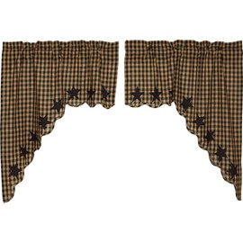 VHC Brands Black Star Scalloped Swag Set of 2 36x36x16 Primitive Rustic Country Curtains, Raven Black and Tan