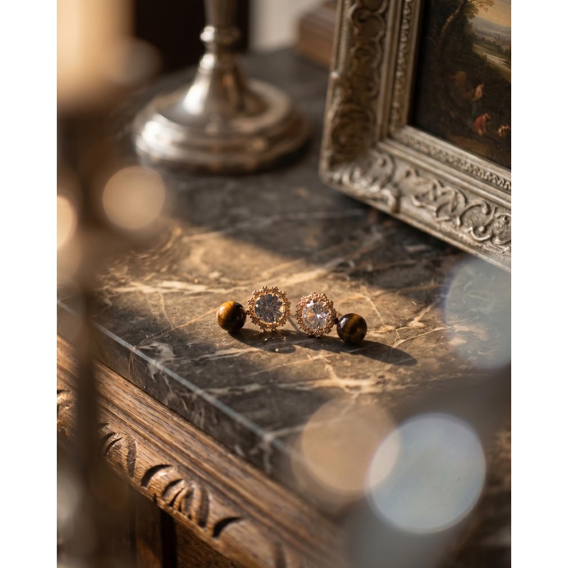 Teppdfann Vintage Tiger Eye Stone Bead and Cubic Zirconia Stud