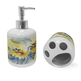 Ambesonne Floral Soap Dispenser & Toothbrush Holder Set, Fine Art Style Painting of Sunflowers Beauty, Ceramic Bathroom Toiletry Accessories, 2 Pcs, Blue Grey Pale Yellow