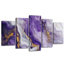 PBXBJY Purple and Grey Abstract Wall Art 5 Piece Large Gold Poster Prints Marble Artwork for Living Room Bedroom Decor (Purple, (10"x16"x2 10"x20"x2 10"x24"x1))