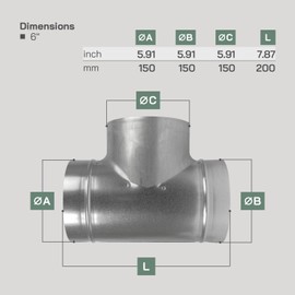 Vent Systems 6" Inch T Shape Duct Connector – Heavy-Duty Galvanized Steel 3-Way Splitter Fitting – Rust-Resistant Round Pipe Adapter for HVAC Ventilation Dryer Exhaust Heating, Cooling and Airflow