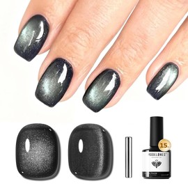 modelones Black Cat Eye Gel Nail Polish Silk Glass Shimmer Black Nail Polish Holographic Glitter Magnetic Polish with Magnet Soak Off Led 15 ML