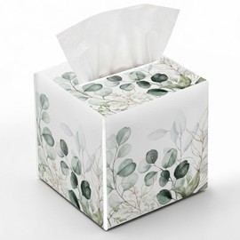 Eucalyptus Leaves Tissue Box Cover, Green Leaves Tissue Box Holder, Square Facial Paper Case, Cube Facial Paper Organizer Dispenser for Bedroom Vanity Countertop Nightstands/Leather-14