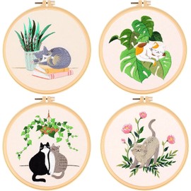 BLAZDEVE 4 Set Beginner Embroidery Kit, Easy Hand Embroidery Kit for Adults & Beginners, Cat Pattern Cross Stitch Kit with Pattern and Instructions